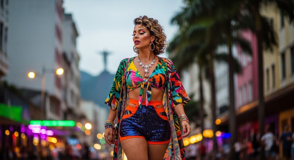Mulher com look festivo de Carnaval caminhando por uma rua urbana iluminada no Rio de Janeiro. Ela veste um top cropped de estampa tropical, shorts de paetê azul e um quimono colorido. Ao fundo, a silhueta do Cristo Redentor aparece entre os prédios sob um céu de fim de tarde, capturando a essência da cultura e da moda de rua carioca.