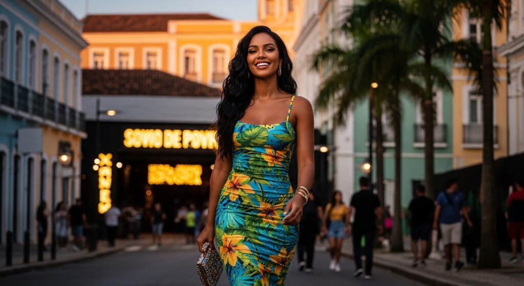 Mulher sorridente caminhando por uma rua de centro histórico ao entardecer. Ela veste um vestido justo com estampa tropical de folhas verdes e flores amarelas. A imagem destaca a moda de verão brasileira, acessórios dourados e um ambiente urbano charmoso com prédios coloniais coloridos e palmeiras ao fundo.